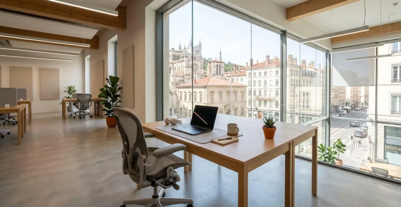 Vue grand angle d'un espace de coworking moderne et lumineux avec un bureau minimaliste vide, une grande fenêtre laissant entrer la lumière naturelle