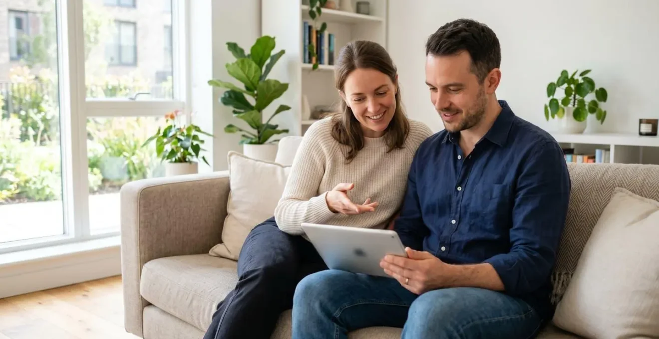 Un jeune couple assis sur un canapé moderne consulte ensemble une tablette dans un salon lumineux