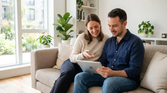 Un jeune couple assis sur un canapé moderne consulte ensemble une tablette dans un salon lumineux