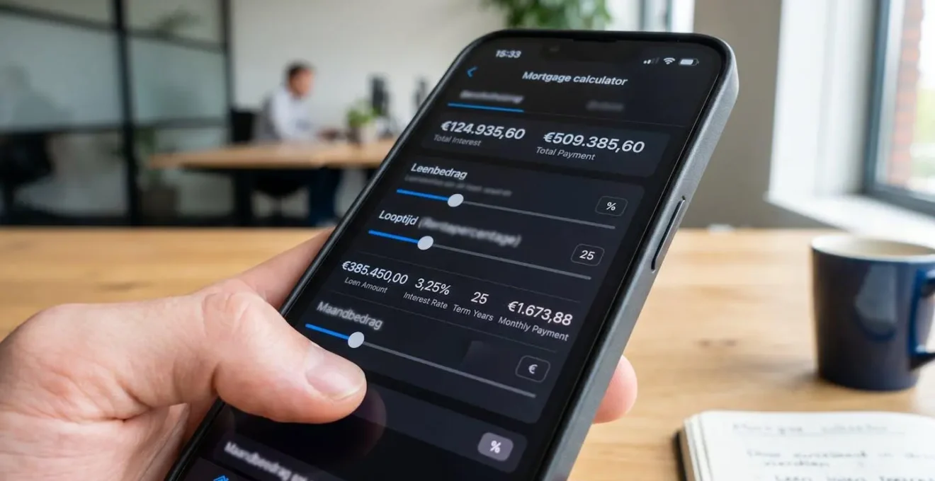 Gros plan sur un écran de smartphone affichant une interface de calcul de prêt avec des symboles de pourcentage et d'euros, tenu dans une main