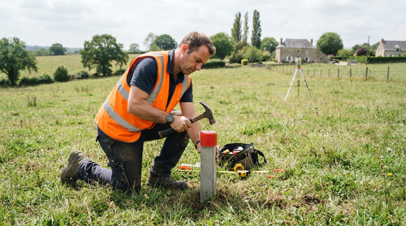 Installation d'une borne de délimitation dans le sol par un géomètre-expert lors d'un bornage de propriété.
