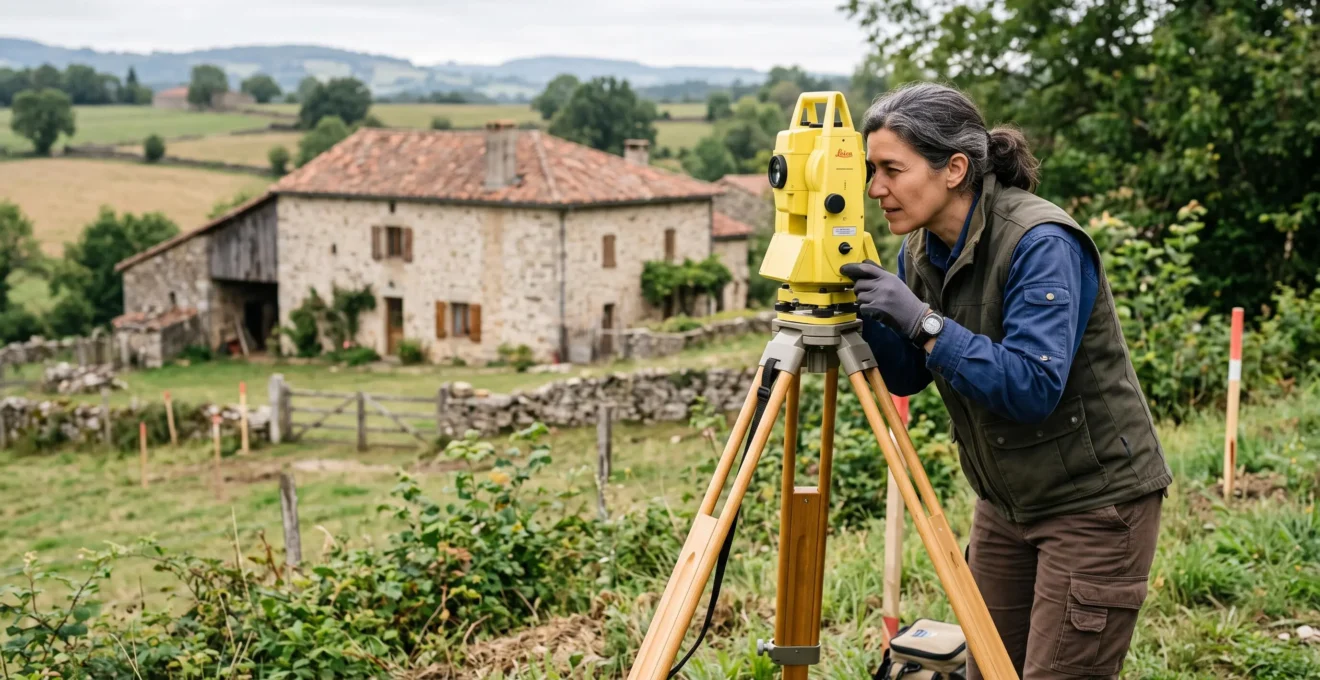 Un géomètre-expert utilise une station totale pour effectuer des mesures de précision sur une parcelle résidentielle en France.