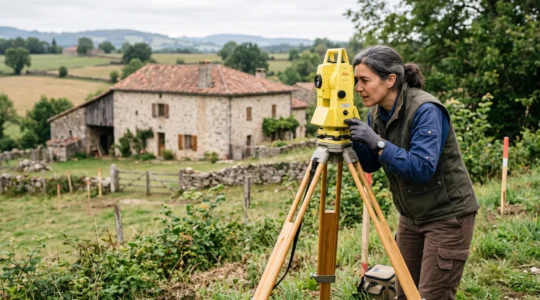 Un géomètre-expert utilise une station totale pour effectuer des mesures de précision sur une parcelle résidentielle en France.